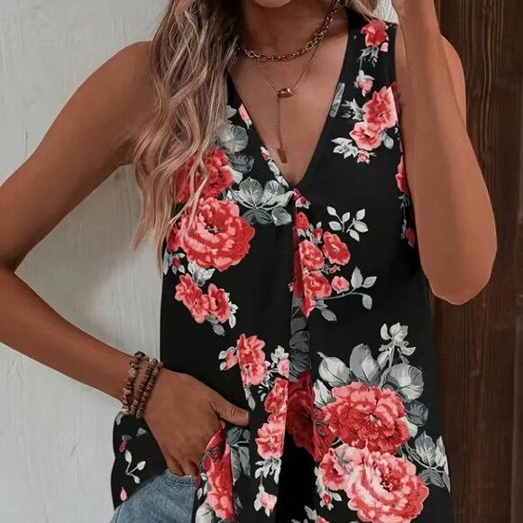 Women's Plus Size Floral Print Relaxed Fit Summer Fashionable Sleeveless Top 14W - Picture 3 of 11